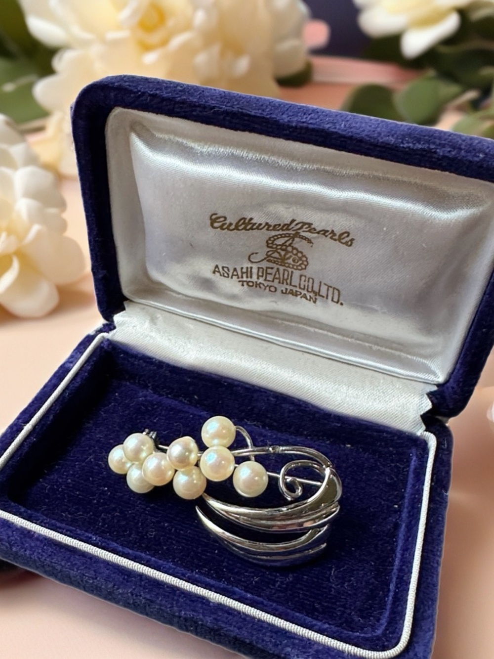 Vintage Japanese Cultured Pearl Sterling Silver Brooch Mid Century Modern
